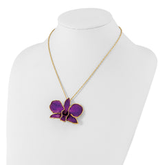 24K Gold-trim Lacquer Dipped Purple Real Dendrobium Orchid 20 inch Gold-tone Necklace
