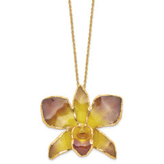 24K Gold-trim Lacquer Dipped Purple and Yellow Real Dendrobium Orchid 20 inch Gold-tone Necklace