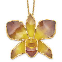 24K Gold-trim Lacquer Dipped Purple and Yellow Real Dendrobium Orchid 20 inch Gold-tone Necklace