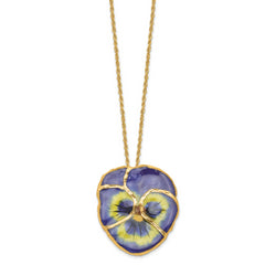 24K Gold-trim Lacquer Dipped Blue Real Pansy with 20 inch Gold-tone Necklace
