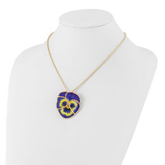 24K Gold-trim Lacquer Dipped Blue Real Pansy with 20 inch Gold-tone Necklace