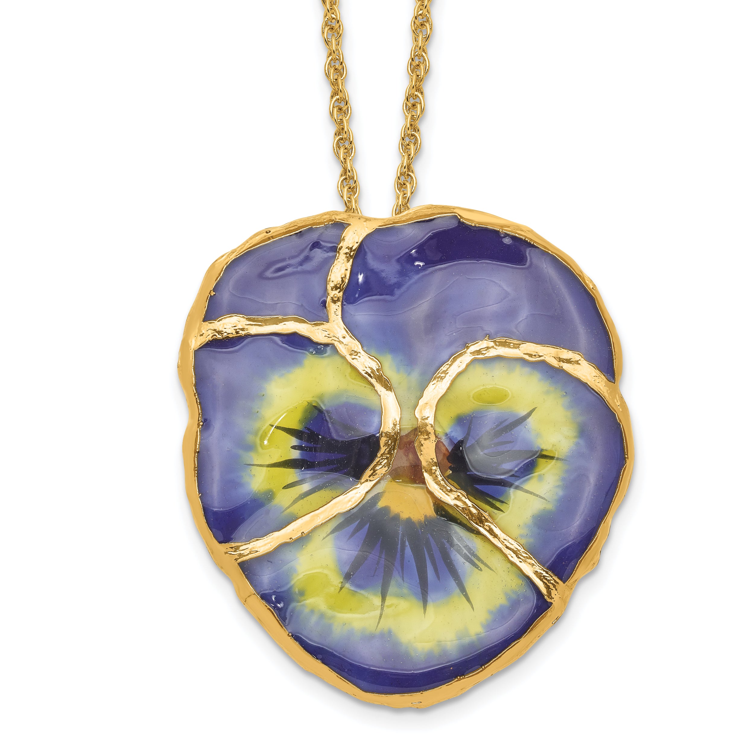 24K Gold-trim Lacquer Dipped Blue Real Pansy with 20 inch Gold-tone Necklace