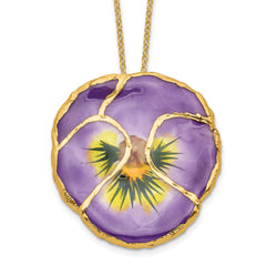24K Gold-trim Lacquer Dipped Lilac Real Pansy 20 inch Gold-tone Necklace