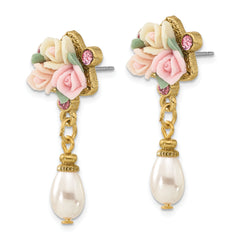 1928 Jewelry Gold-tone Pink Crystal Ivory Peach and Pink Porcelain Rose Flower Bouquet and Imitation Pearl Dangle Post Earrings