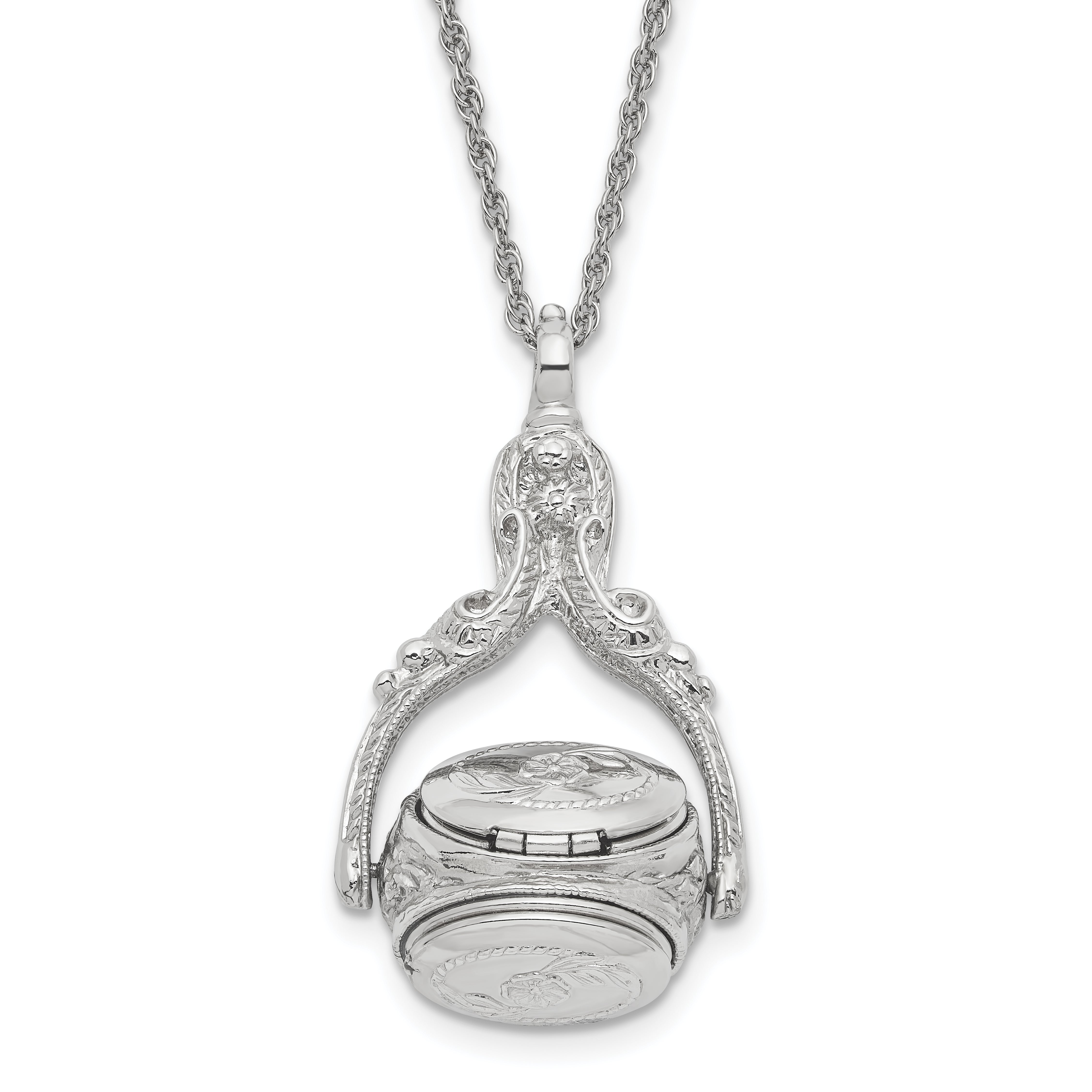 1928 Jewelry Silver-tone Three Sided Spinning Floral Pattern Oval 13mm Lockets 30 inch Necklace Holds 6 Photos