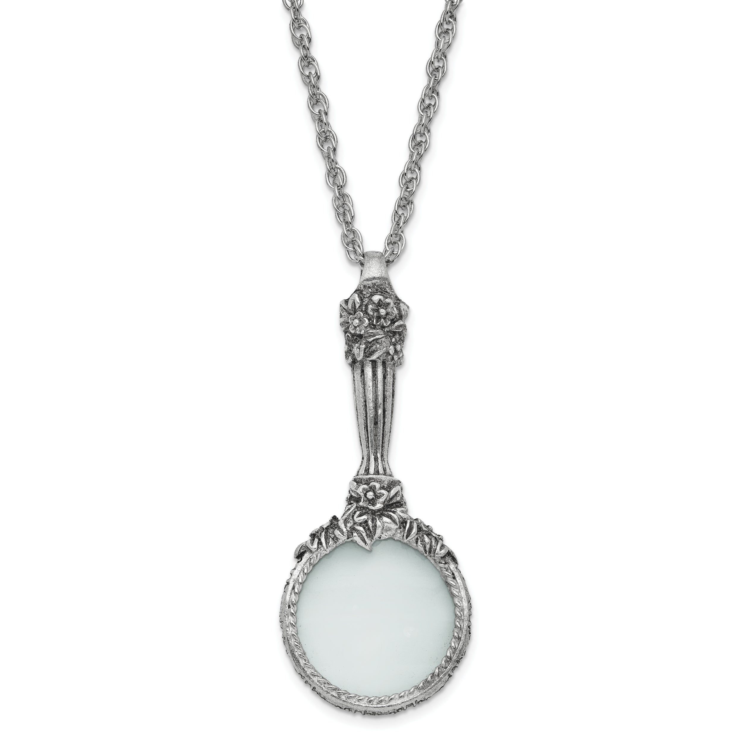 1928 Jewelry Silver-tone Textured Vintage Handle 4-5X Magnifying Glass 30 inch Necklace