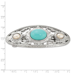 1928 Jewelry Silver-tone Ornate Imitation Pearl and Turquoise Acrylic Stone Hair Barrette