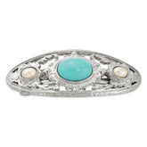 1928 Jewelry Silver-tone Ornate Imitation Pearl and Turquoise Acrylic Stone Hair Barrette