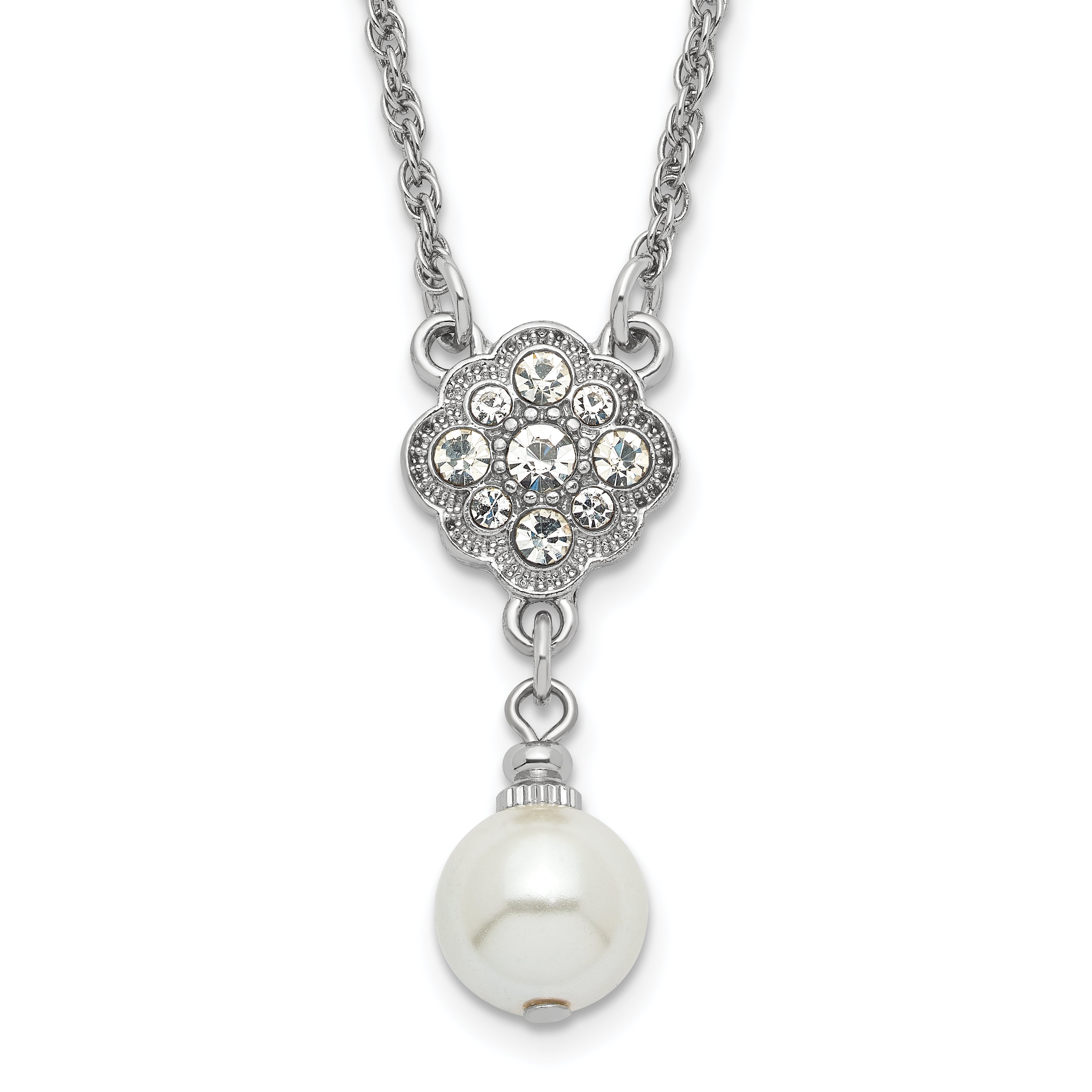 1928 Silver-tone Crystal and Imitation Pearl 16in With 3in ext. Necklace