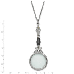 1928 Jewelry Silver-tone Black Glass Stone and Marcasite Vintage Handle 4-5X Magnifying Glass 28 inch Necklace