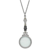 1928 Jewelry Silver-tone Black Glass Stone and Marcasite Vintage Handle 4-5X Magnifying Glass 28 inch Necklace