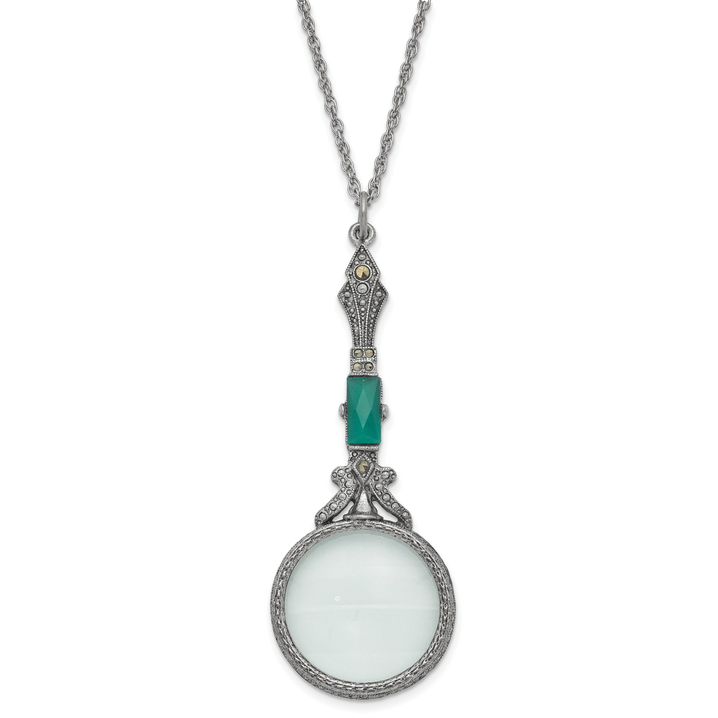 1928 Jewelry Silver-tone Hematite and Green Vintage Handle 4-5X Magnifying Glass 28 inch Necklace