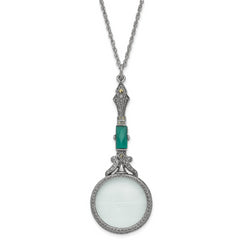 1928 Jewelry Silver-tone Hematite and Green Vintage Handle 4-5X Magnifying Glass 28 inch Necklace
