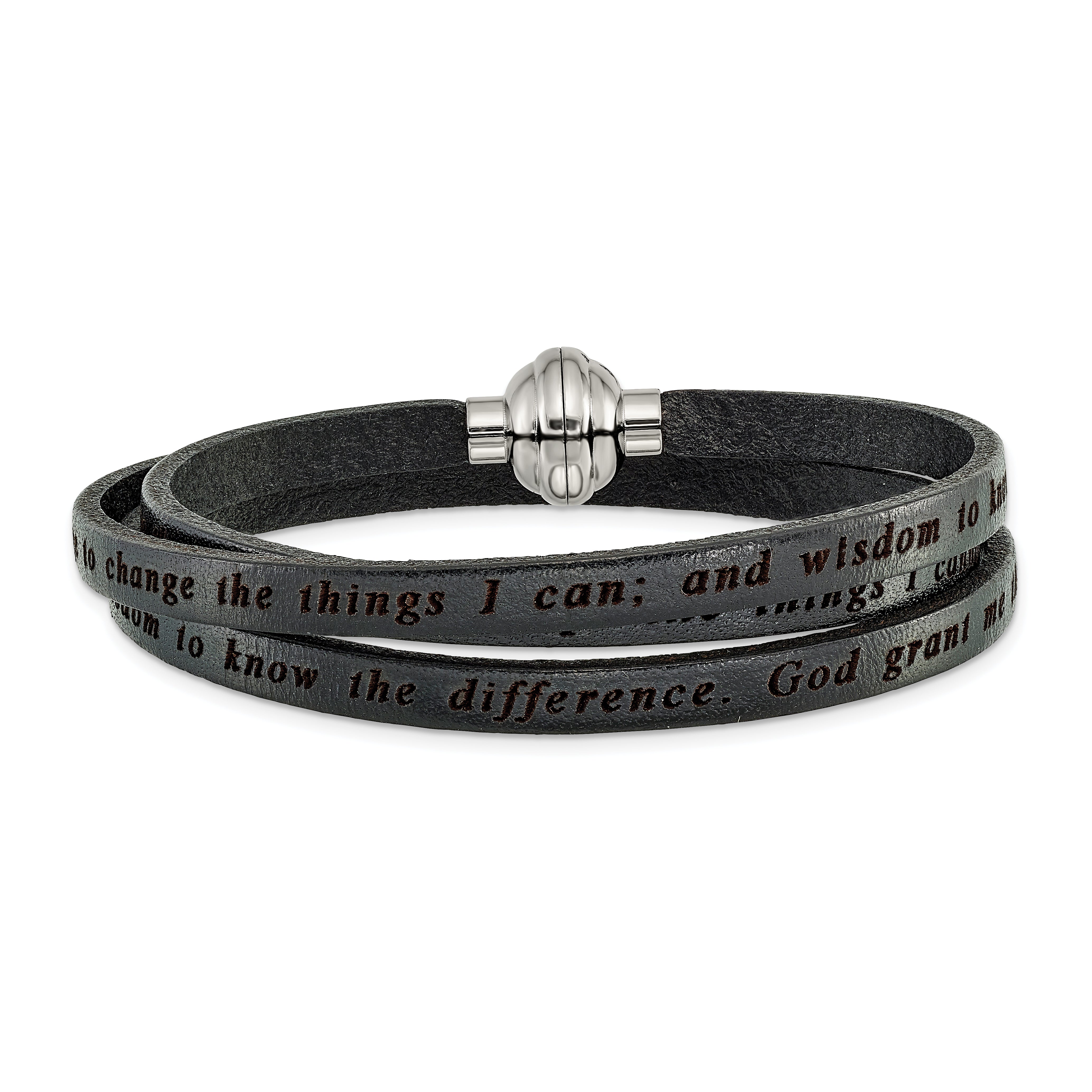 AMEN Stainless Steel Serenity Prayer Black Leather Wrap with Magnetic Clasp 22.25 Inch Bracelet - Sophia Jewelers