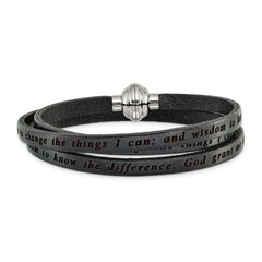 AMEN Stainless Steel Serenity Prayer Black Leather Wrap with Magnetic Clasp 22.25 Inch Bracelet - Sophia Jewelers
