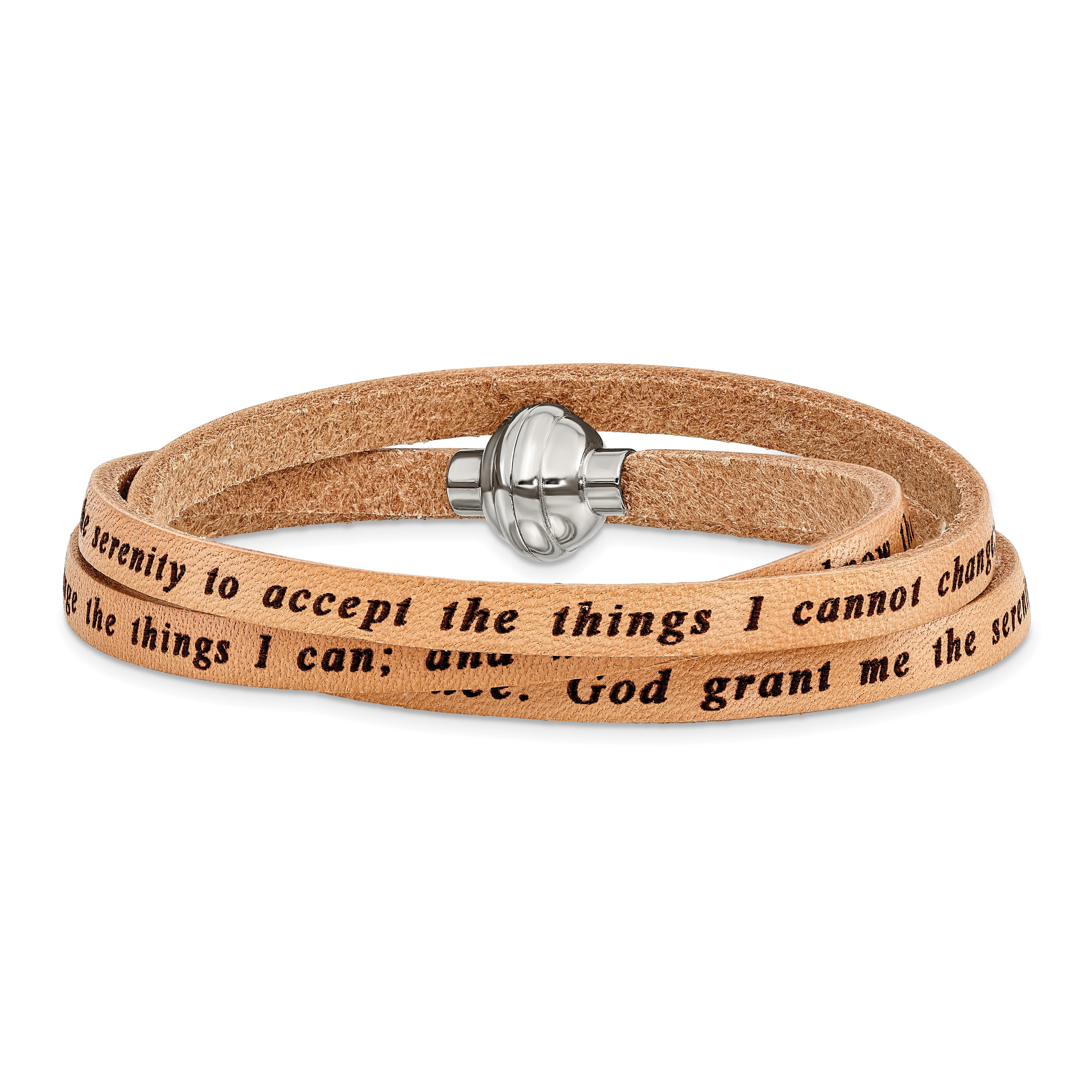 AMEN Stainless Steel Serenity Prayer Tan Leather Wrap with Magnetic Clasp 22.25 Inch Bracelet - Sophia Jewelers