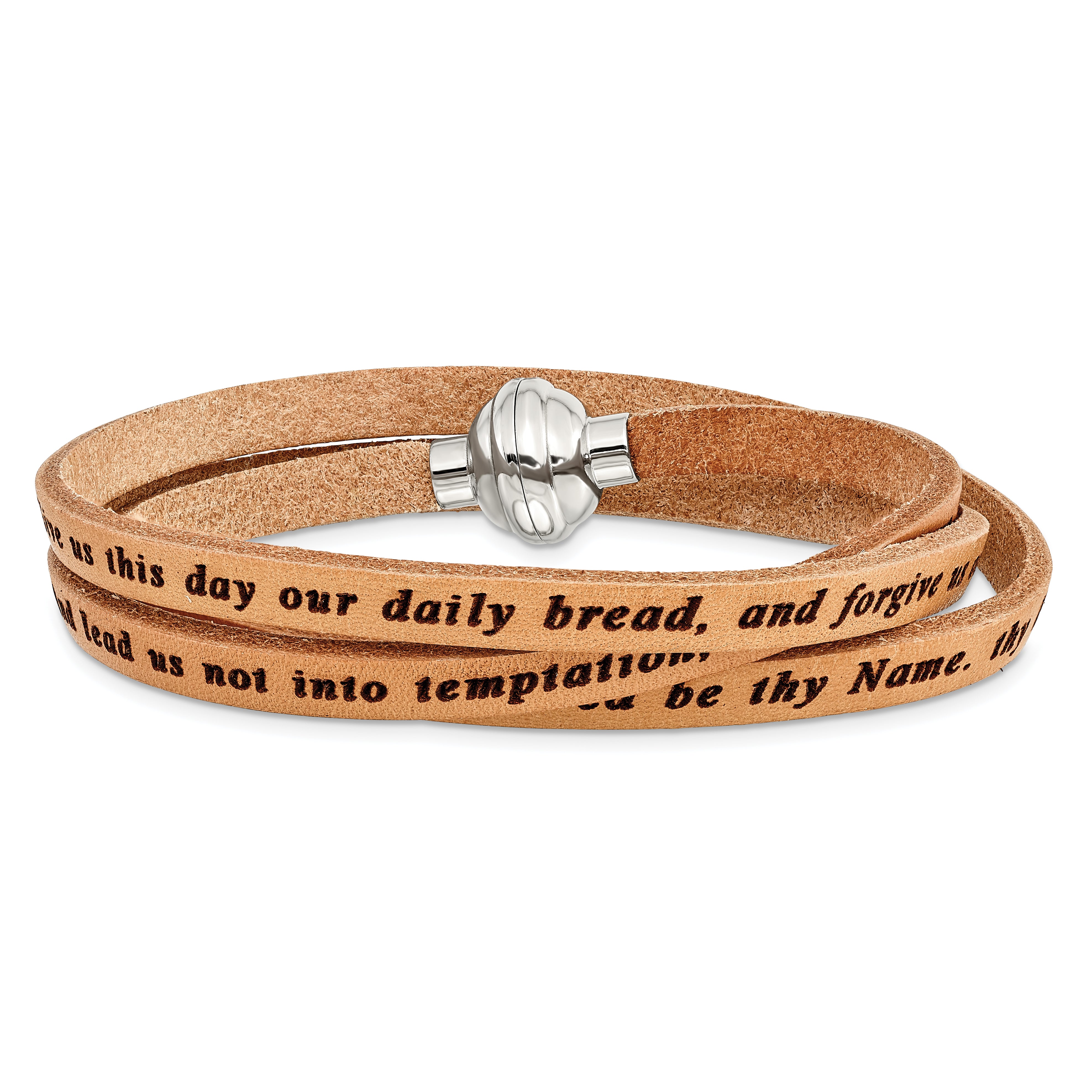 AMEN Stainless Steel Lord's Prayer Tan Leather Wrap with Magnetic Clasp with Magnetic Clasp 21 Inch - Sophia Jewelers