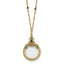 1928 Jewelry Burnished Brass-tone Light and Dark Green Crystal 2X Magnifying Glass 30 inch Vintage Necklace
