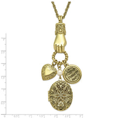 1928 Jewelry Brass-tone Hand Holding Oval 28mm Locket and Polished Heart and Peace Charm 30 inch Necklace Holds 2 Photos