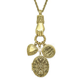 1928 Jewelry Brass-tone Hand Holding Oval 28mm Locket and Polished Heart and Peace Charm 30 inch Necklace Holds 2 Photos