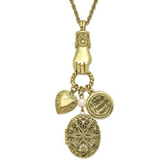 1928 Jewelry Brass-tone Hand Holding Oval 28mm Locket and Polished Heart and Peace Charm 30 inch Necklace Holds 2 Photos