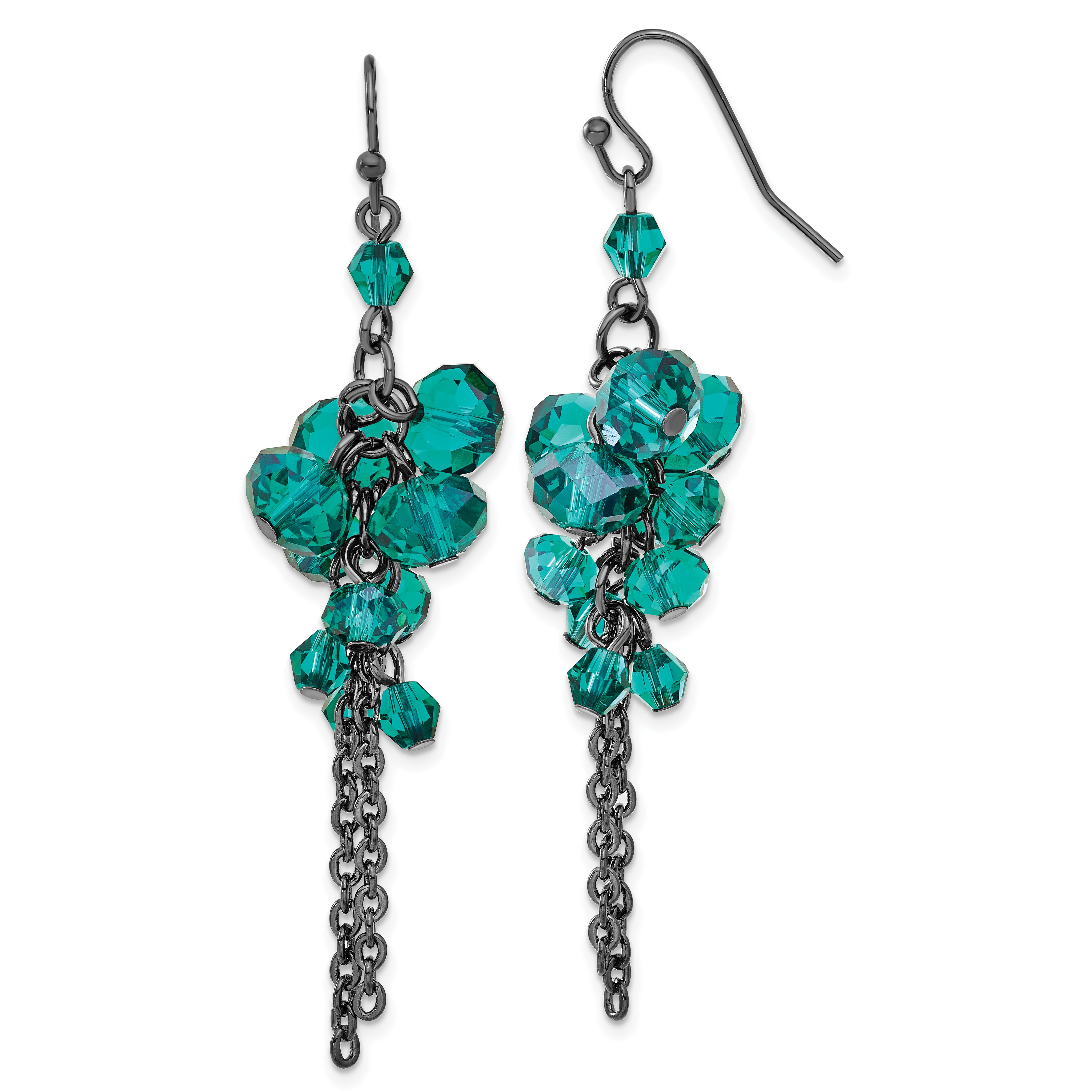 1928 Black-plated Dark Green Glass Beads Dangle Earrings