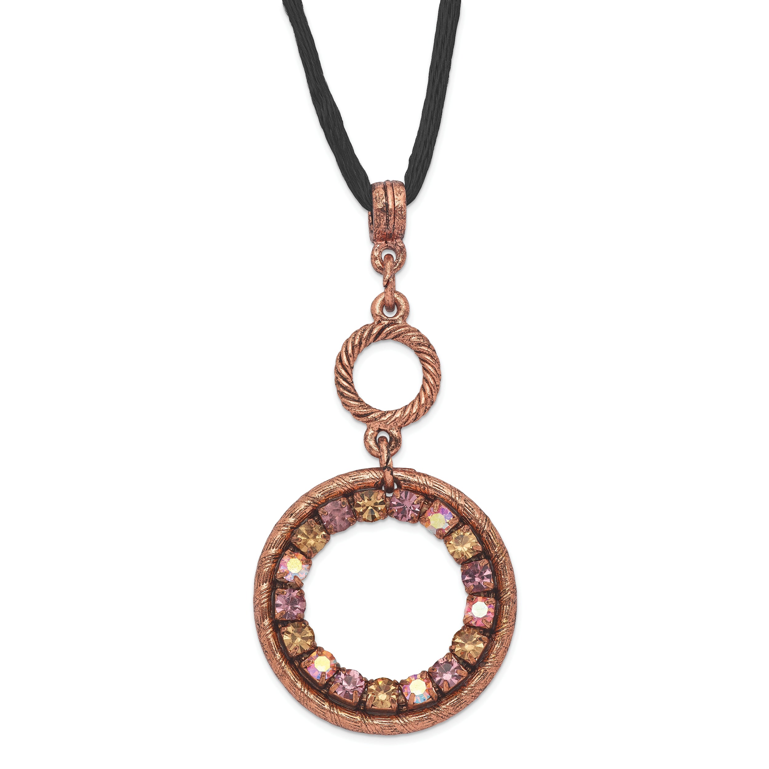 1928 Jewelry Copper-tone Pink Purple and Colorado Crystal Double Circle Adjustable 16 inch Satin Cord Necklace with 3 inch extension