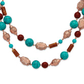 1928 Jewelry Copper-tone Pattern Aqua Blue and Brown Acrylic Beads Long 44 inch Necklace
