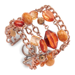 1928 Jewelry Copper-tone Link and Multicolored Brownand Orange Faceted Acrylic Beads Wide Six Row 8 inch Toggle Bracelet