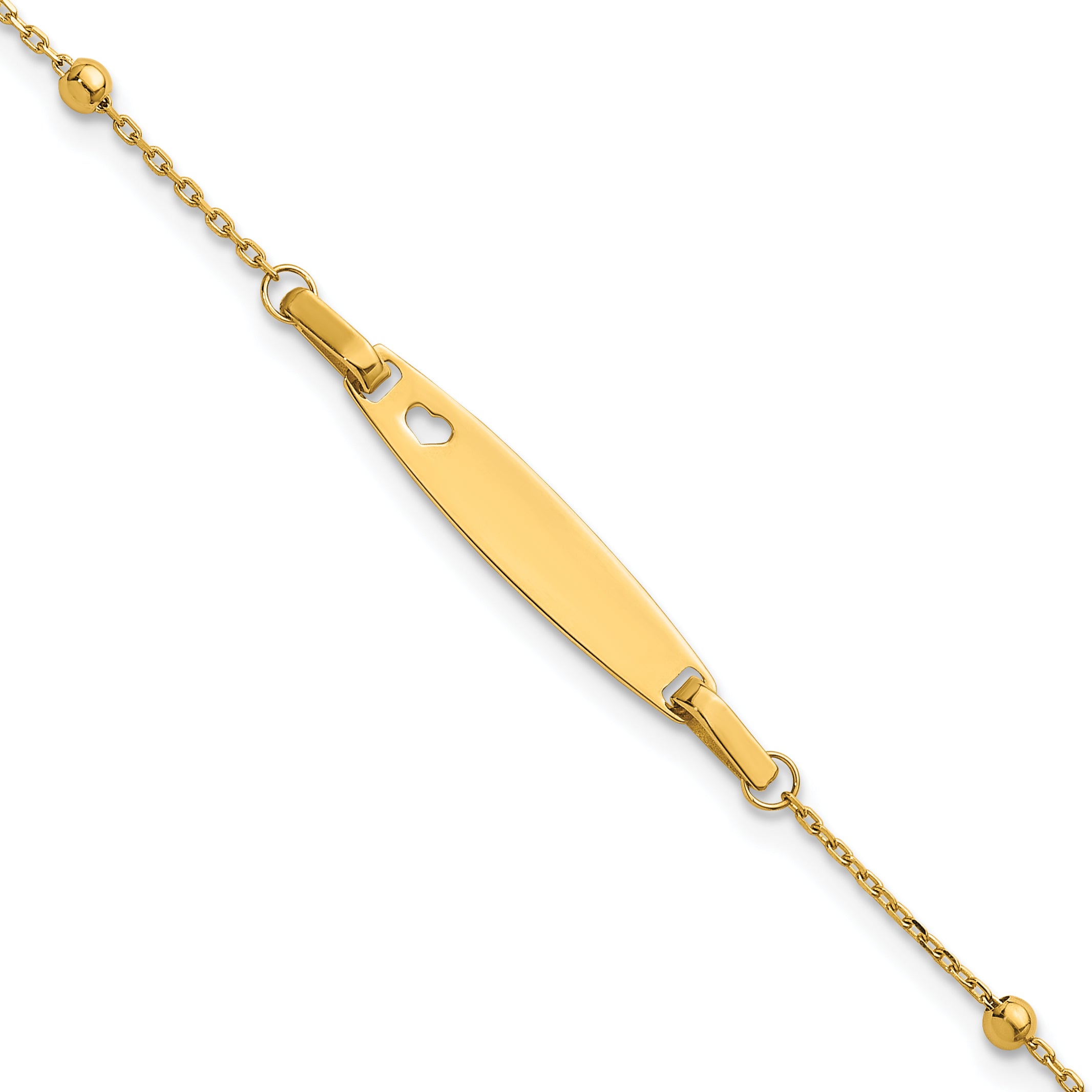 14K Polished Beaded Cut-out Heart 24x4.7mm Plate 5 inch Baby/Child ID Bracelet with 1 inch Extender
