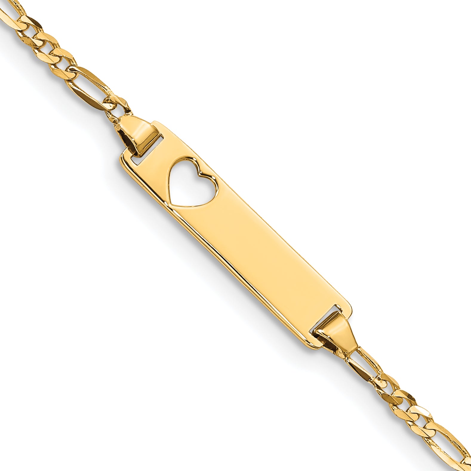 14k Polished Solid Chain/Solid Plate Figaro Link Cut-out Heart 21.4x5.4mm Plate 6 inch Baby/Child ID Bracelet