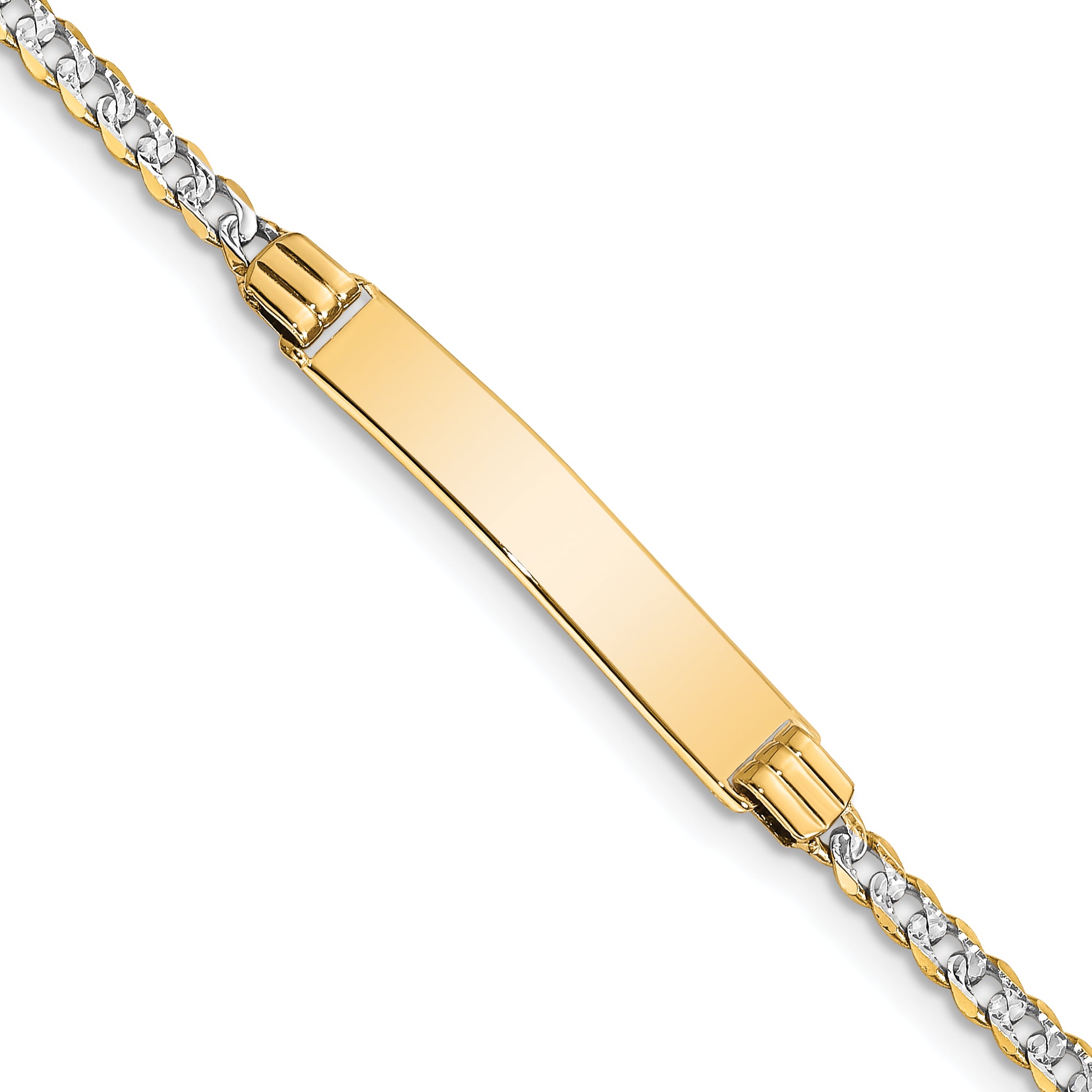 14k with Rhodium Polished Solid Chain/Solid Plate Pav‚ Curb Link 26x5mm Plate 6 inch Baby/Child ID Bracelet