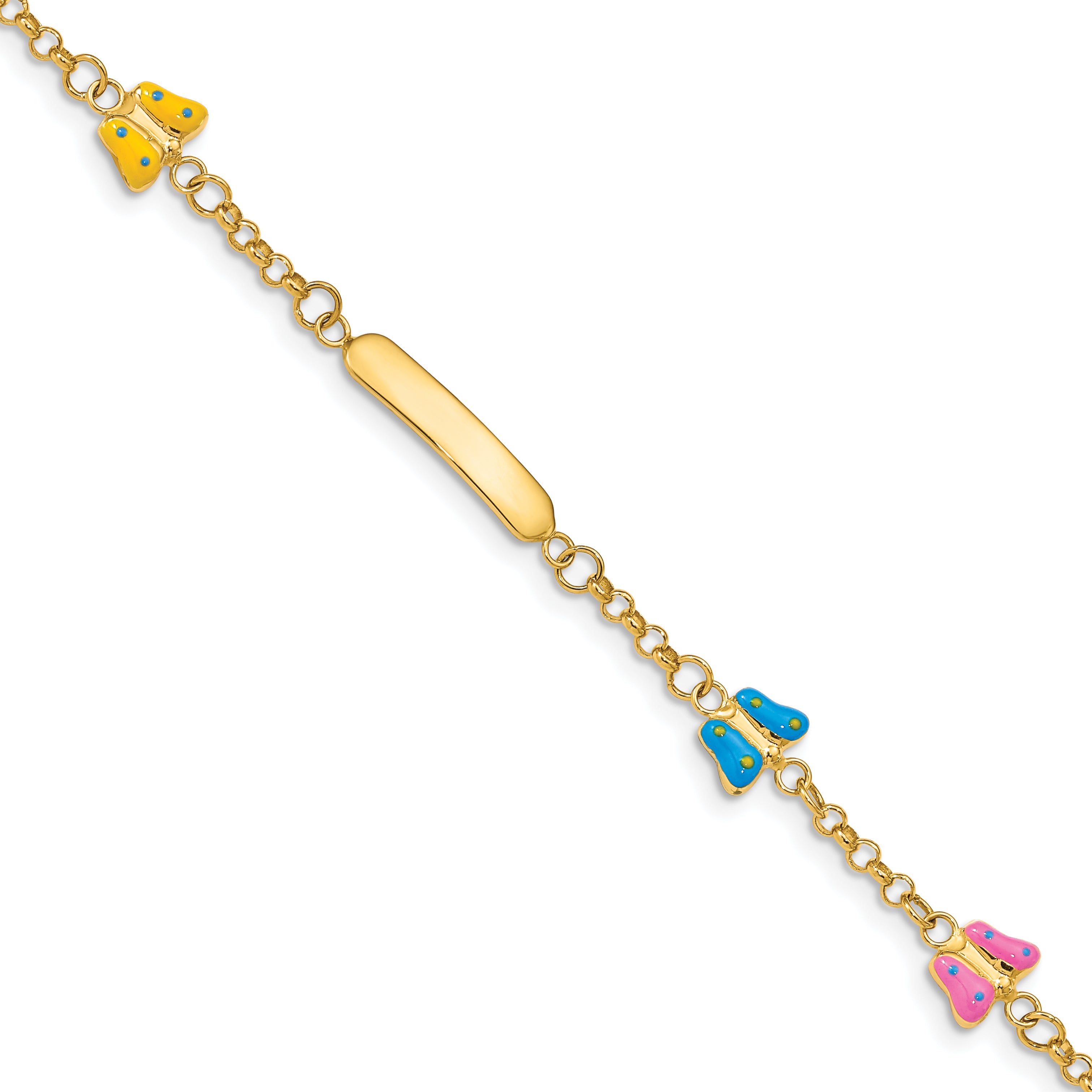 14k Polished Pink/Blue/Yellow Enamel Butterflies and 18x3mm Plate 6 inch Baby/Child ID Bracelet with 0.5 inch Extender
