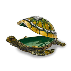 Luxury Giftware by Jere Pewter Bejeweled Crystals Gold-tone Enameled SWEETHEART Green Sea Turtle With Heart Trinket Box with Matching 18 Inch Necklace