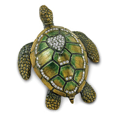 Luxury Giftware by Jere Pewter Bejeweled Crystals Gold-tone Enameled SWEETHEART Green Sea Turtle With Heart Trinket Box with Matching 18 Inch Necklace