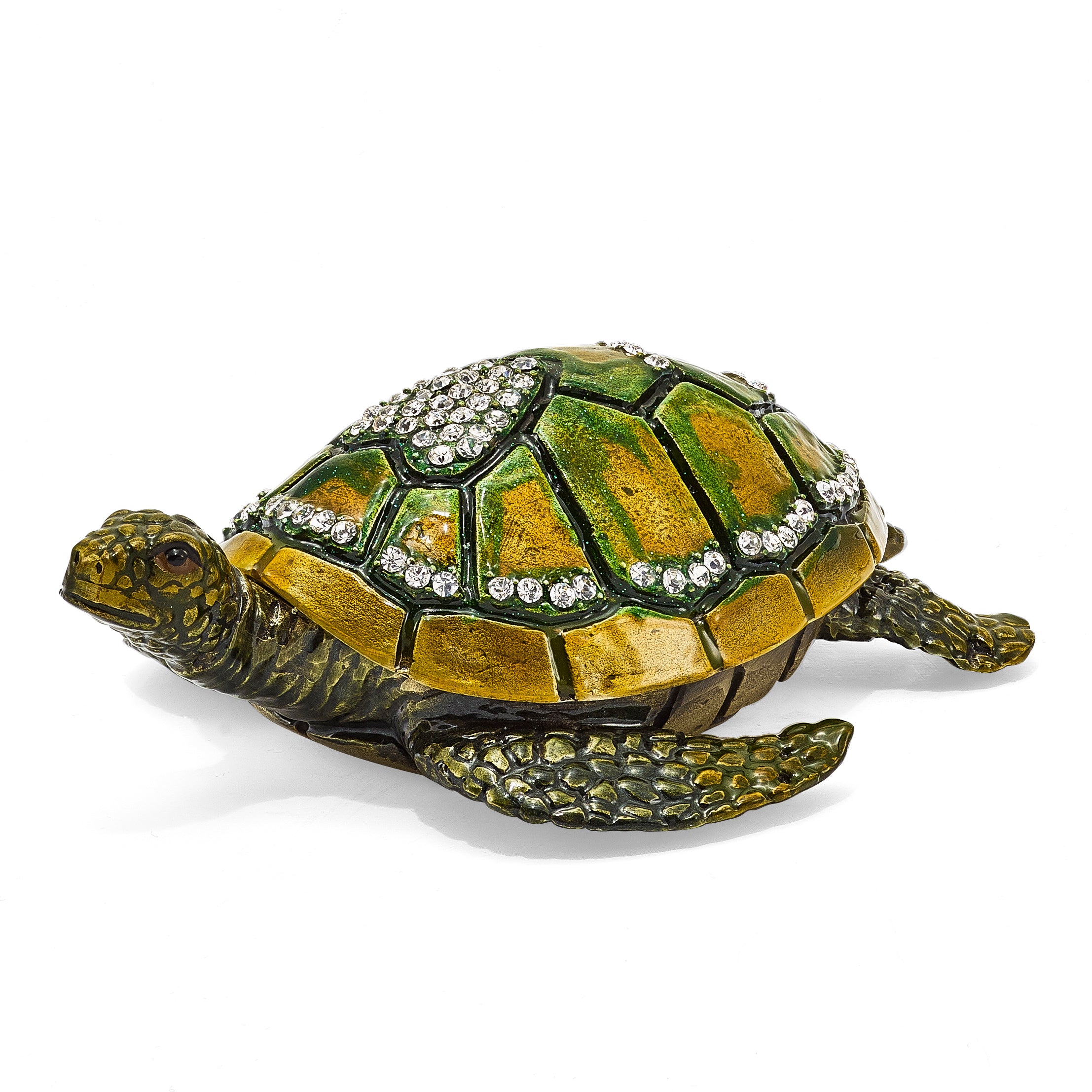 Luxury Giftware by Jere Pewter Bejeweled Crystals Gold-tone Enameled SWEETHEART Green Sea Turtle With Heart Trinket Box with Matching 18 Inch Necklace