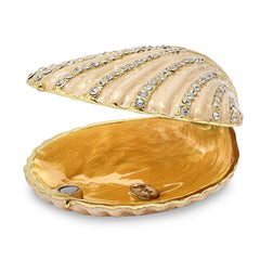 Luxury Giftware by Jere Pewter Bejeweled Crystals Gold-tone Enameled PINKY Clam Shell Trinket Box with Matching 18 Inch Necklace