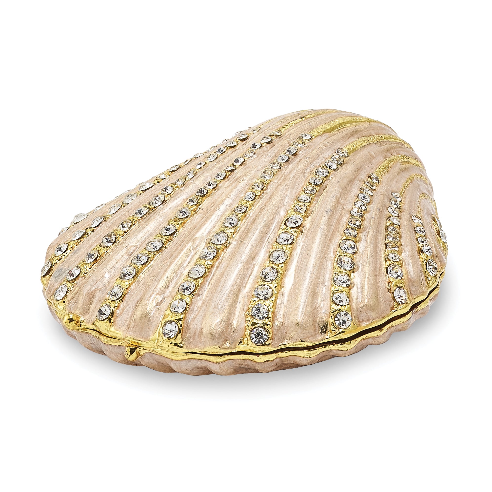 Luxury Giftware by Jere Pewter Bejeweled Crystals Gold-tone Enameled PINKY Clam Shell Trinket Box with Matching 18 Inch Necklace