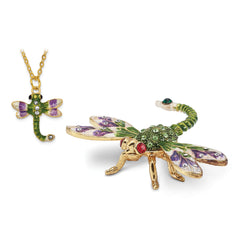 Luxury Giftware by Jere Pewter Bejeweled Crystals Gold-tone Enameled DEWEY Green Dragonfly Trinket Box with Matching 18 Inch Necklace