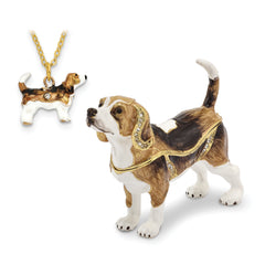 Luxury Giftware by Jere Pewter Bejeweled Crystals Gold-tone Enameled BEAUREGARD Beagle Trinket Box with Matching 18 Inch Necklace