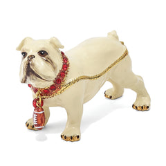 Luxury Giftware by Jere Pewter Bejeweled Crystals Gold-tone Enameled BUTCH Bulldog With Football Trinket Box with Matching 18 Inch Necklace