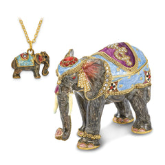Luxury Giftware by Jere Pewter Bejeweled Crystals Gold-tone Enameled KAT Kathmandu Elephant Trinket Box with Matching 18 Inch Necklace