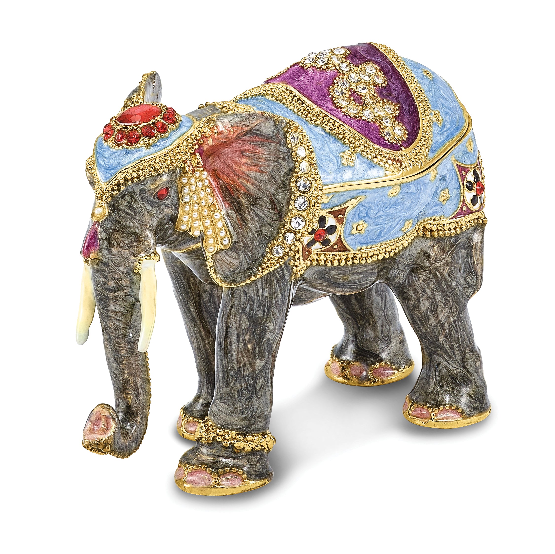 Luxury Giftware by Jere Pewter Bejeweled Crystals Gold-tone Enameled KAT Kathmandu Elephant Trinket Box with Matching 18 Inch Necklace