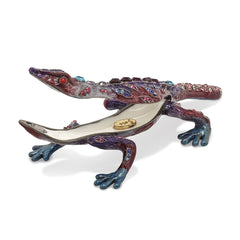 Luxury Giftware Pewter Bejeweled Crystals Pewter-tone Enameled PRINCE OF JEWELS Gecko Trinket Box with Matching 18 Inch Necklace