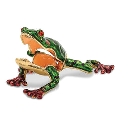 Luxury Giftware by Jere Pewter Bejeweled Crystals Gold-tone Enameled FRANK Red Eyed Frog Trinket Box with Matching 18 Inch Necklace