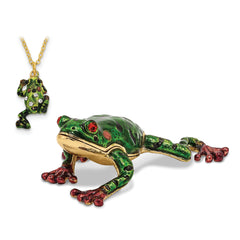 Luxury Giftware by Jere Pewter Bejeweled Crystals Gold-tone Enameled FRANK Red Eyed Frog Trinket Box with Matching 18 Inch Necklace
