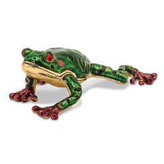 Luxury Giftware by Jere Pewter Bejeweled Crystals Gold-tone Enameled FRANK Red Eyed Frog Trinket Box with Matching 18 Inch Necklace