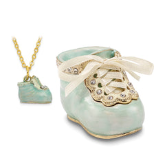 Luxury Giftware by Jere Pewter Bejeweled Crystals Gold-tone Enameled IT'S A BOY Blue Baby Bootie Trinket Box with Matching 18 Inch Necklace