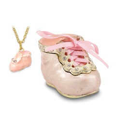 Luxury Giftware by Jere Pewter Bejeweled Crystals Gold-tone Enameled IT'S A GIRL Pink Baby Bootie Trinket Box with Matching 18 Inch Necklace
