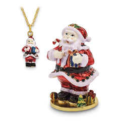 Luxury Giftware by Jere Bejeweled Crystals Gold-tone Enameled CHRISTMAS CALLER Santa Claus Trinket Box with Matching 18 Inch Necklace